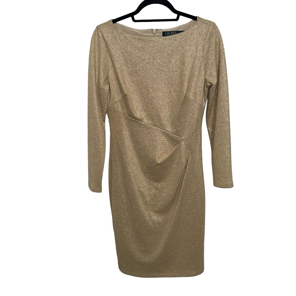 Lauren Ralph Lauren Women's Gold Sparkly Midi Party Cocktail Glam Dress Sz  8